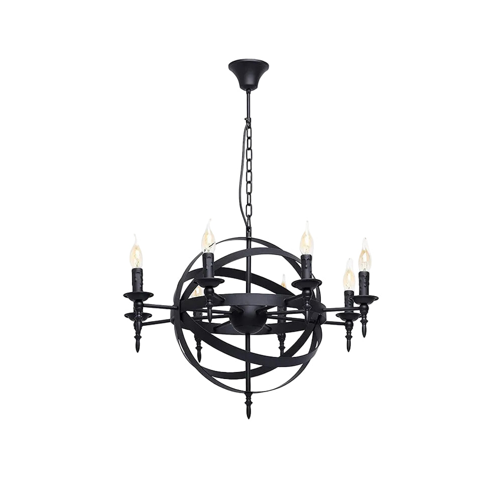 Black hanging candelabra chandelier with round spiral ring frame and exposed bulbs