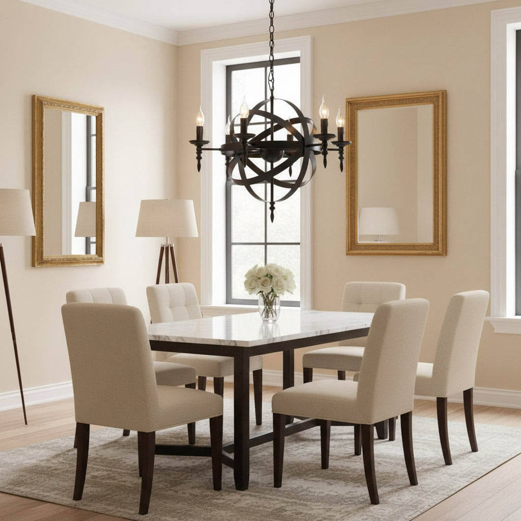 Black retro candelabra chandelier with circular spiral metal design and multiple bulbs