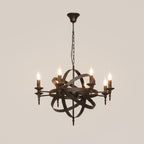 Black round spiral hanging chandelier with candelabra-style bulbs and metal ring frame