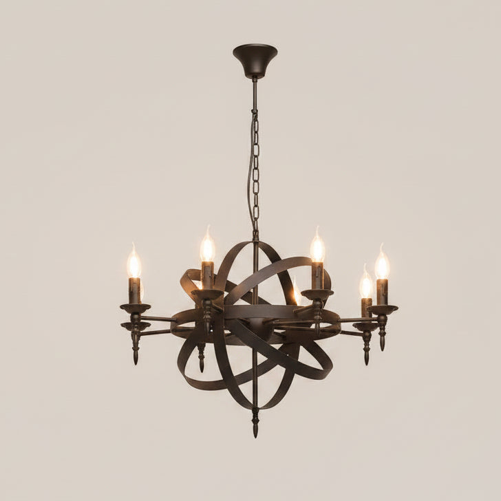Black round spiral hanging chandelier with candelabra-style bulbs and metal ring frame