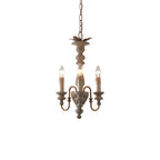 Rustic spindle candelabra chandelier with three candle-style bulbs and chain