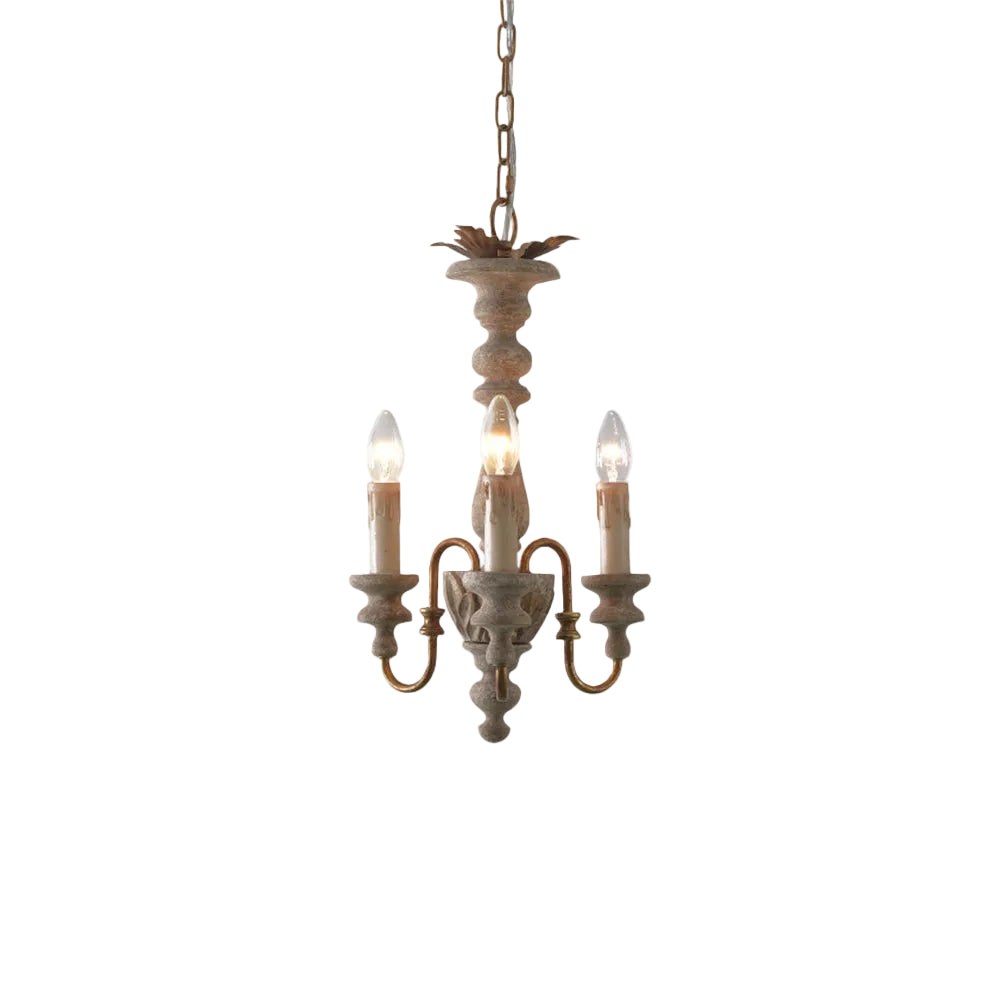 Rustic spindle candelabra chandelier with three candle-style bulbs and chain