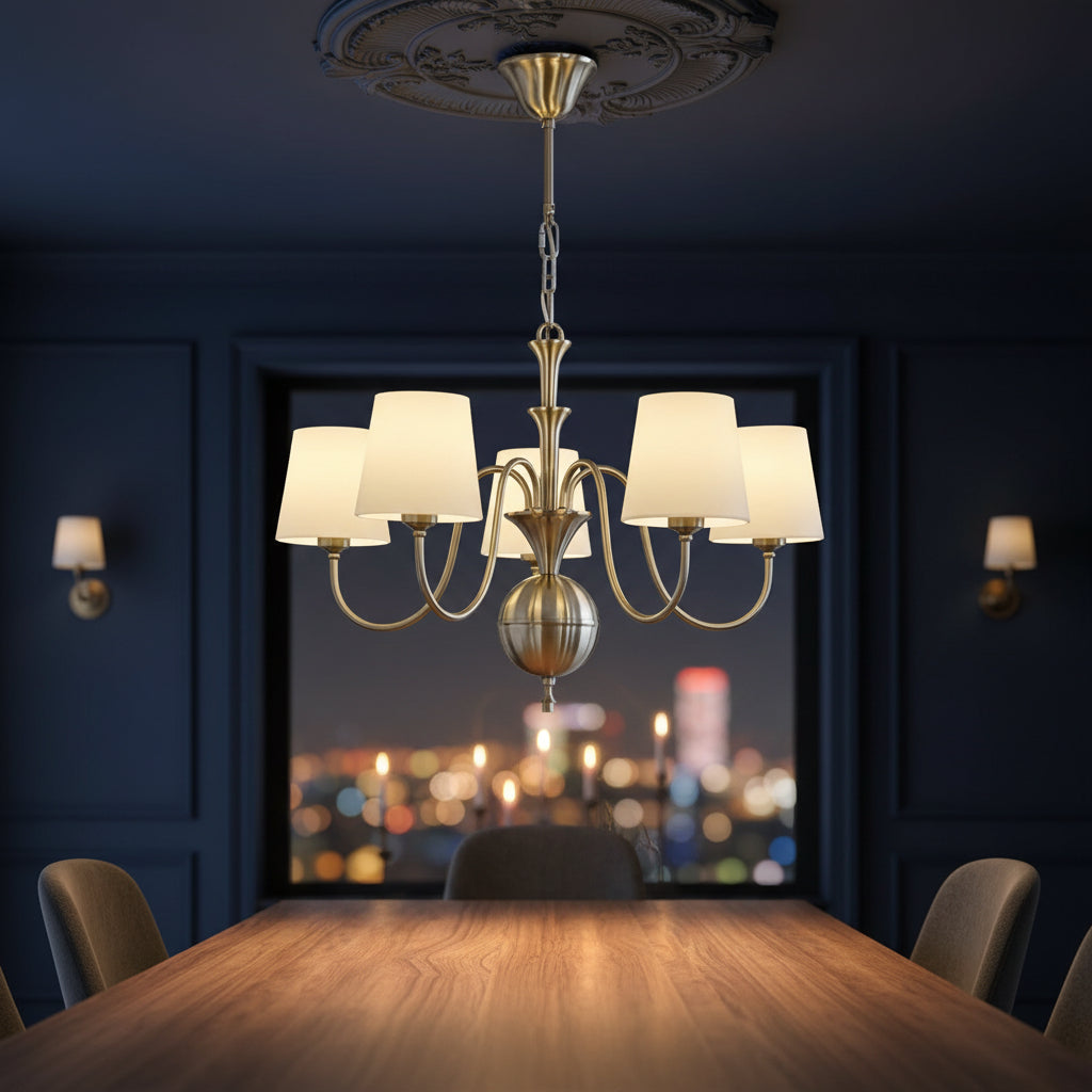 Brass conical multi-arm chandelier with fabric shade covers and curved metal arms