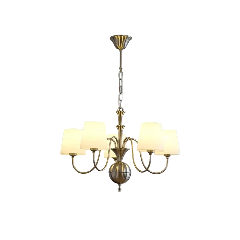 Brass conical multi-arm chandelier with 5 fabric shades and hanging chain mount