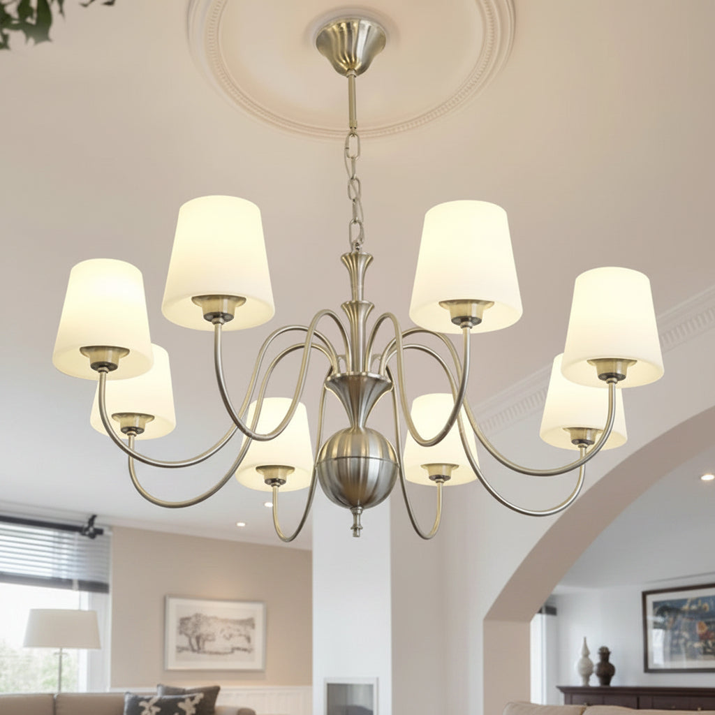 Brass conical multi-arm chandelier with multiple fabric shades and central globe detail