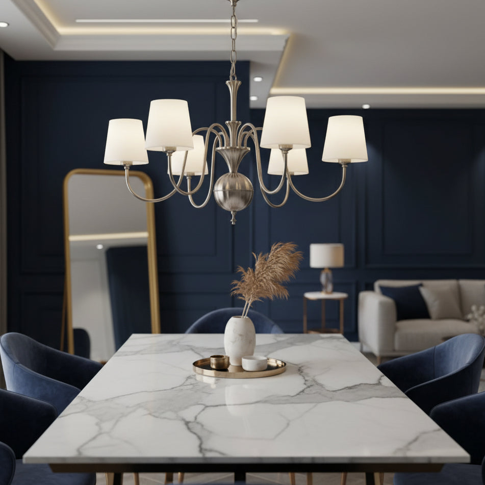 Brass conical multi-arm chandelier with 6 fabric shades and central lantern-style glass