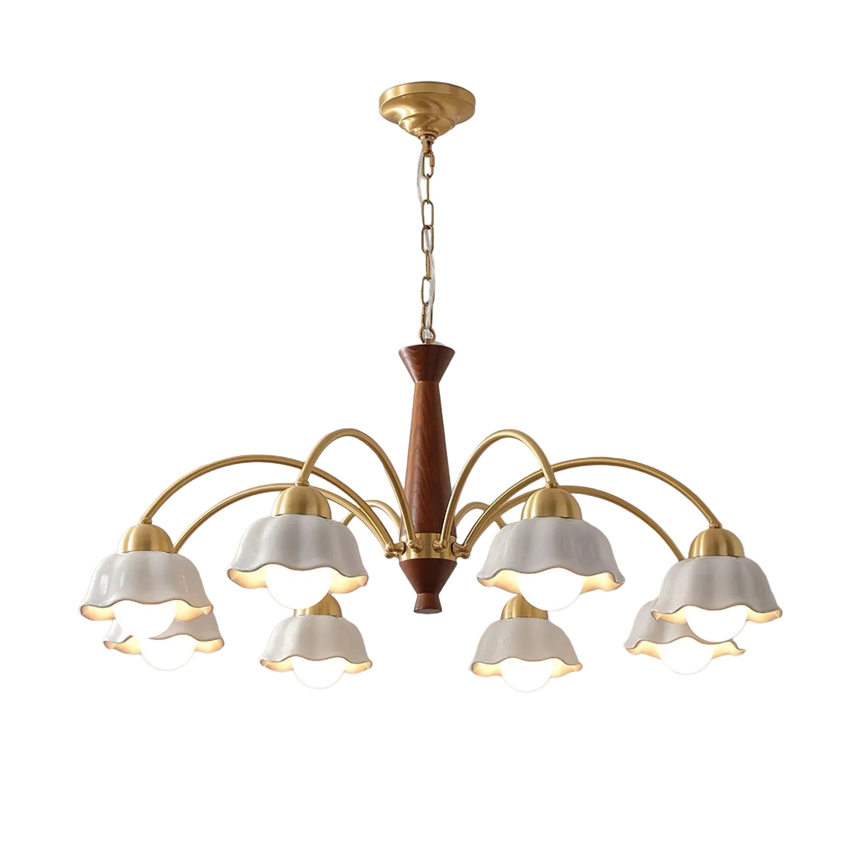 Gold multi-arm chandelier with brown central column and five white scalloped bell shades.