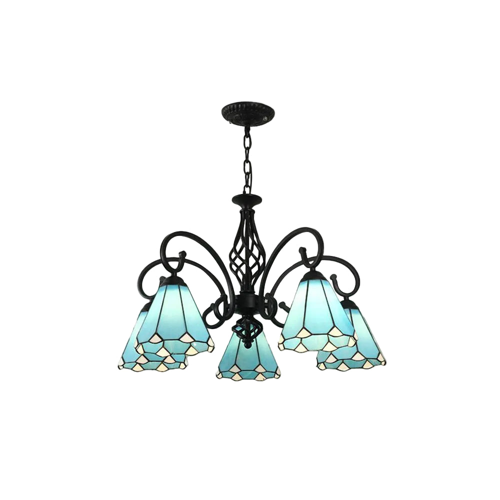 Black metal branch chandelier with 5 blue stained-glass bell shades, hanging