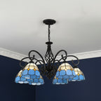 Black metal branch chandelier with 3 blue stained-glass bell shades, arched arms