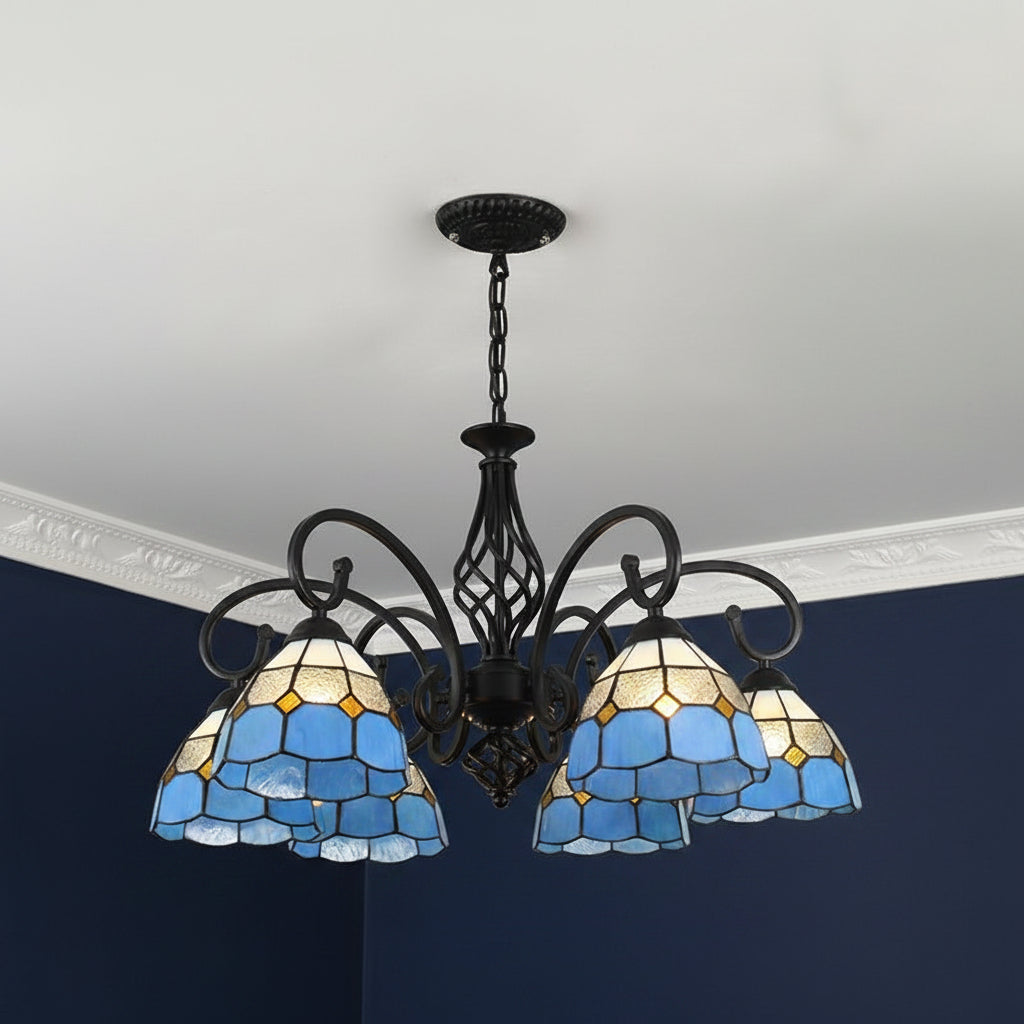 Black metal branch chandelier with 3 blue stained-glass bell shades, arched arms