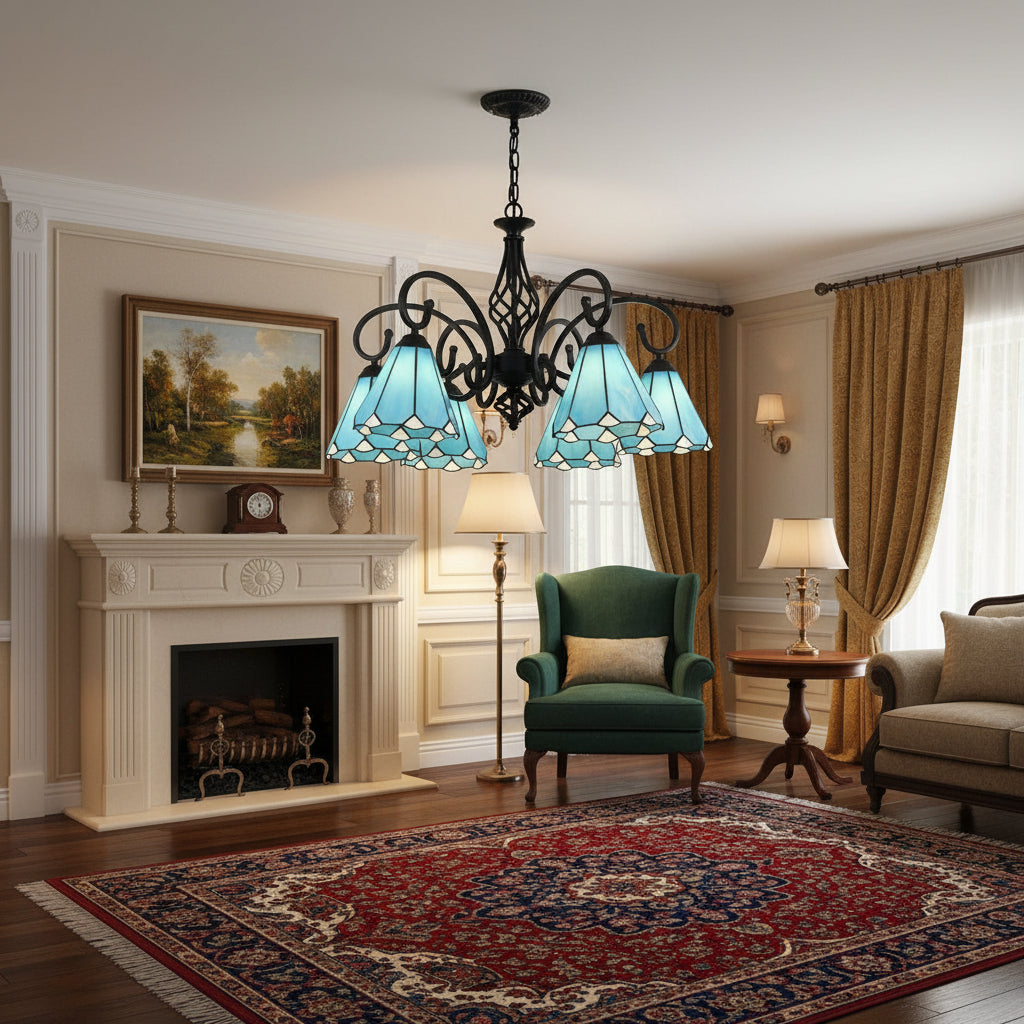 Victorian-style bell shade chandelier with black metal arms and blue stained-glass shades