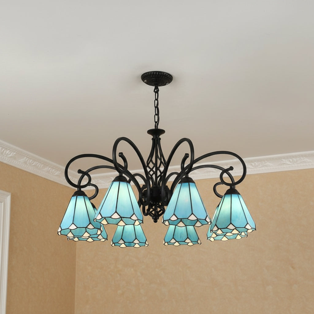 Black metal branch chandelier with 6 blue stained-glass bell shades and curled arm details