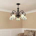 Black metal branch chandelier with 4 blue stained-glass bell shades and central pendant