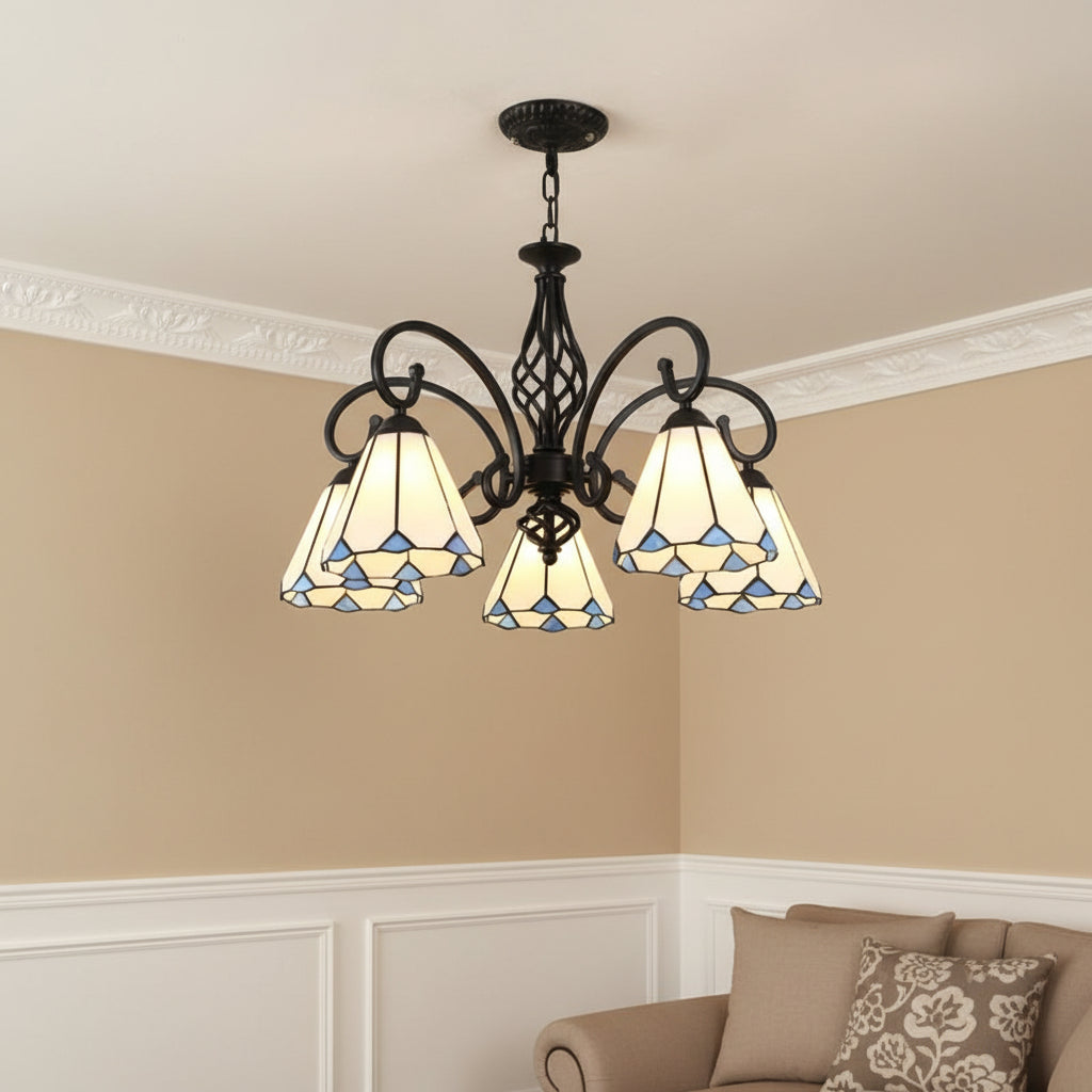 Black metal branch chandelier with 4 blue stained-glass bell shades and central pendant