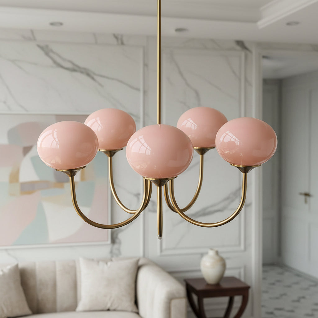 Valentina Retro Art Deco Globe Chandelier, White/Pink/Beige 7