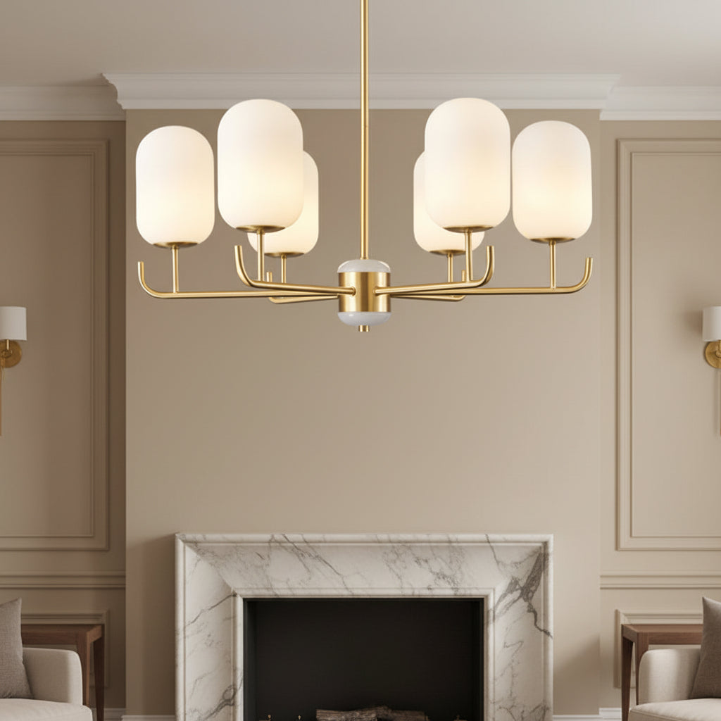 Multi-arm chandelier with frosted glass shades and gold-toned metal arms, upward facing
