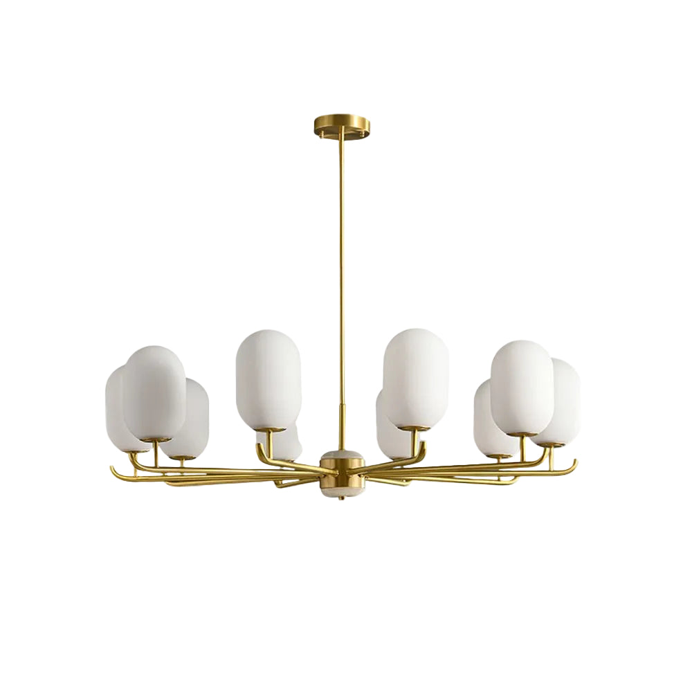 Gold-toned multi-arm chandelier with frosted globe shades, upward bulb openings