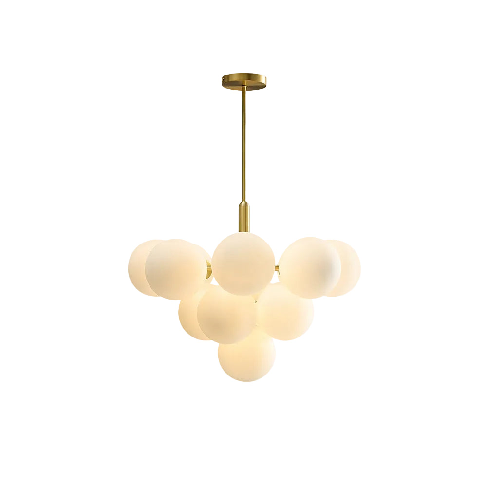 Modern bubble chandelier with frosted white glass globes and brushed gold hanging rod