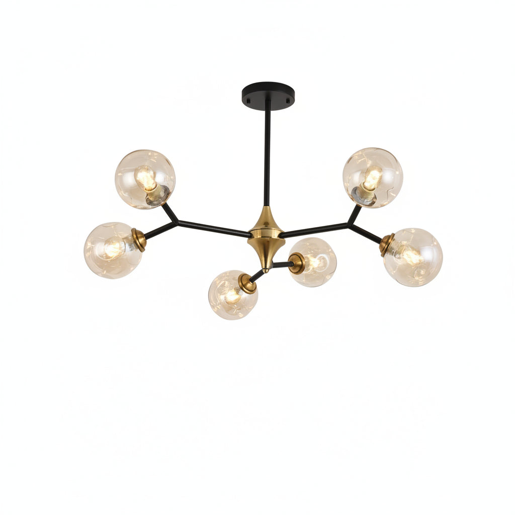 Bubble orb chandelier with 5 clear glass globes, black arms, and brushed gold hub