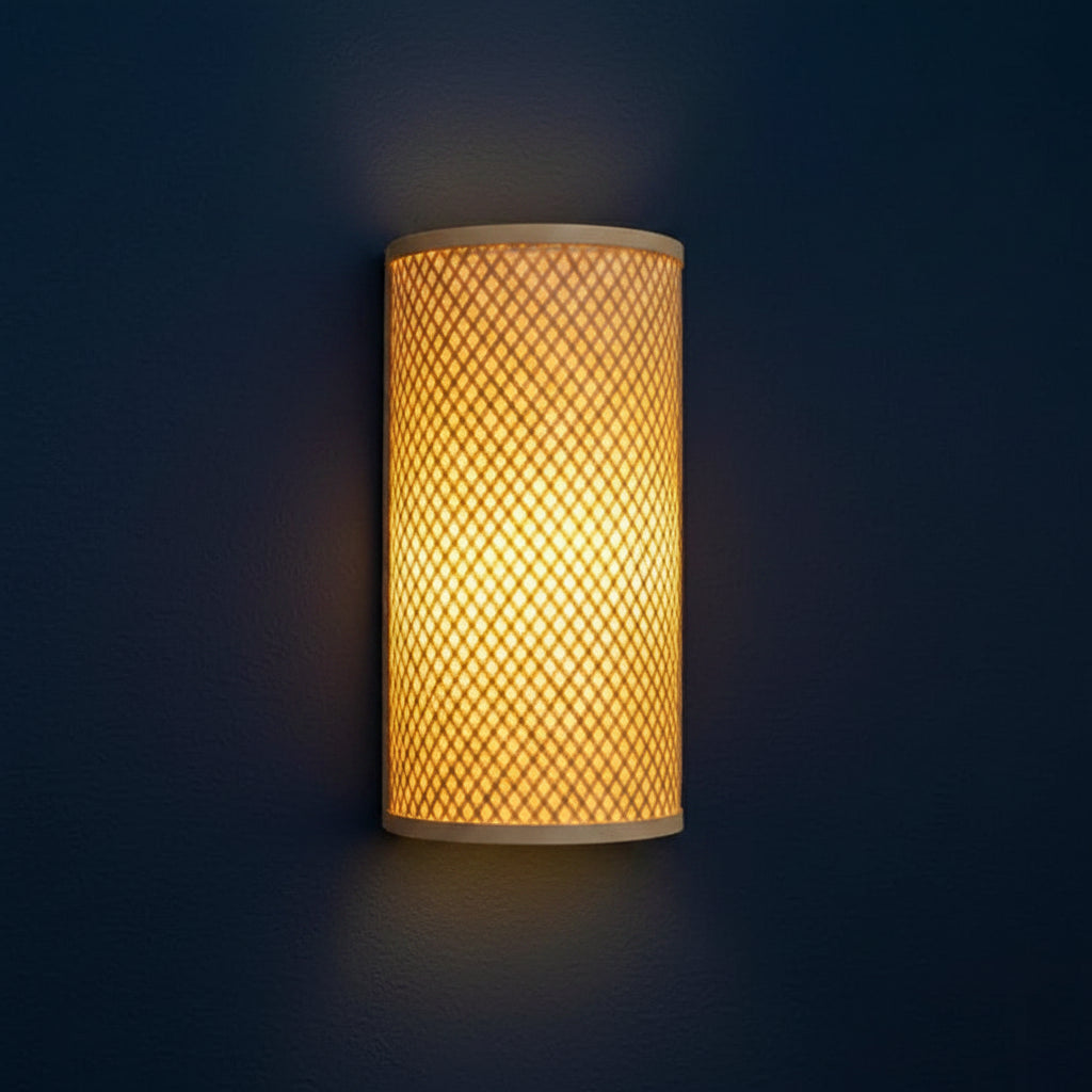 Cylindrical bamboo wall sconce lamp with woven lattice shade, warm light glow