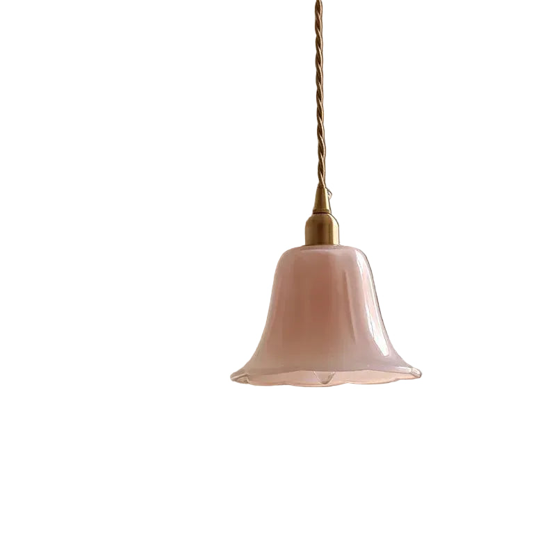 Pink opaline bell-shade pendant light with twisted cord and brass cap