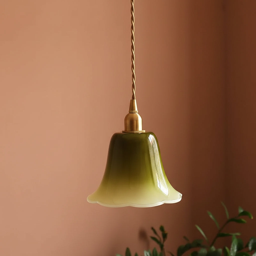 Green opaline bell-shade pendant light with twisted cord and brass cap