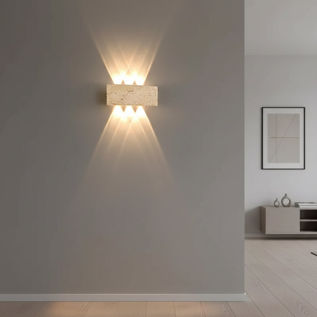 Rectangular travertine up-and-down wall sconce with warm glow