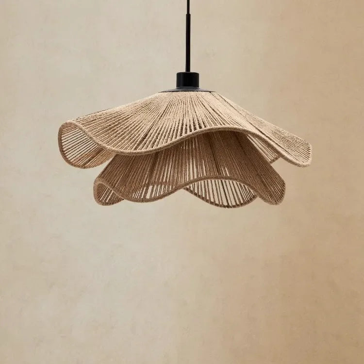 Hemp rope pendant ceiling chandelier with scalloped shade and black suspension cord