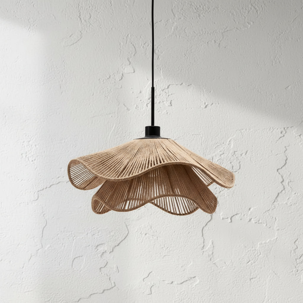 Hemp rope hanging lamp with fluted scalloped shade and black ceiling canopy