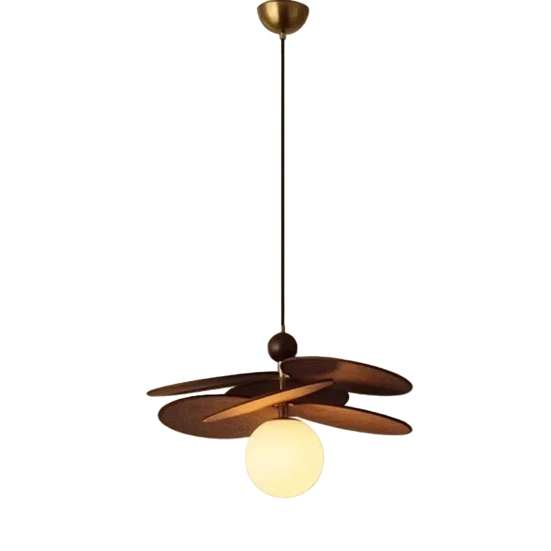 Opal globe pendant light with brass cap, dark metal fan arms, and single glass globe