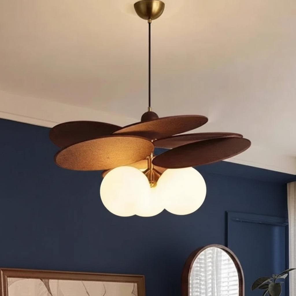 Opal globe pendant light with three opal globes and bronze fan blade arms
