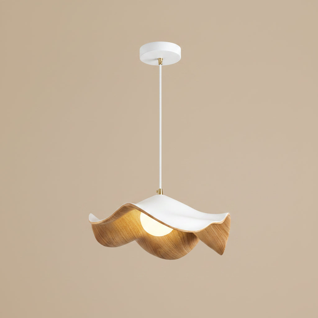Wood grain lotus leaf pendant light with dark brown leaf shades and round ceiling mount