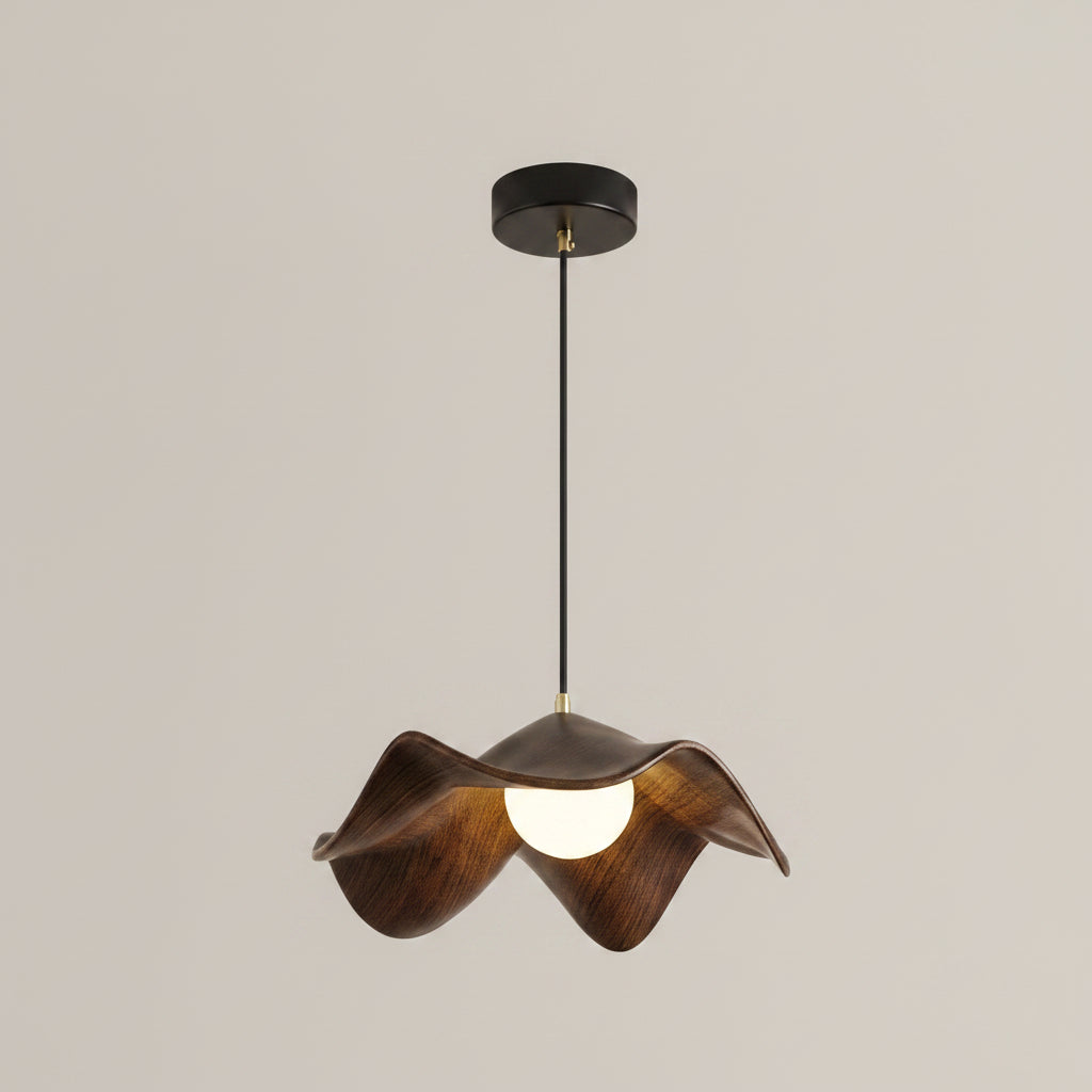 Wood grain lotus leaf pendant light with two dark brown leaf shades and adjustable cord
