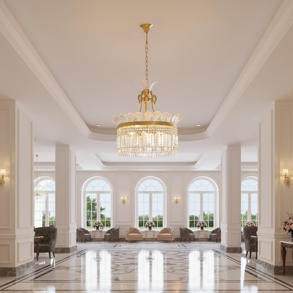 Gold-framed tiered crystal prism hanging light with drum-shaped chandelier shade