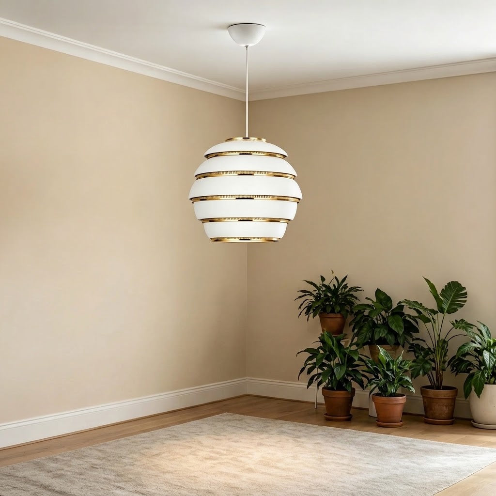 Layered beehive pendant light hanging from white cord and gold canopy