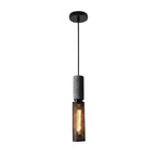 Single tubular cage pendant light with dark speckled cylinder housing and warm glowing bulb
