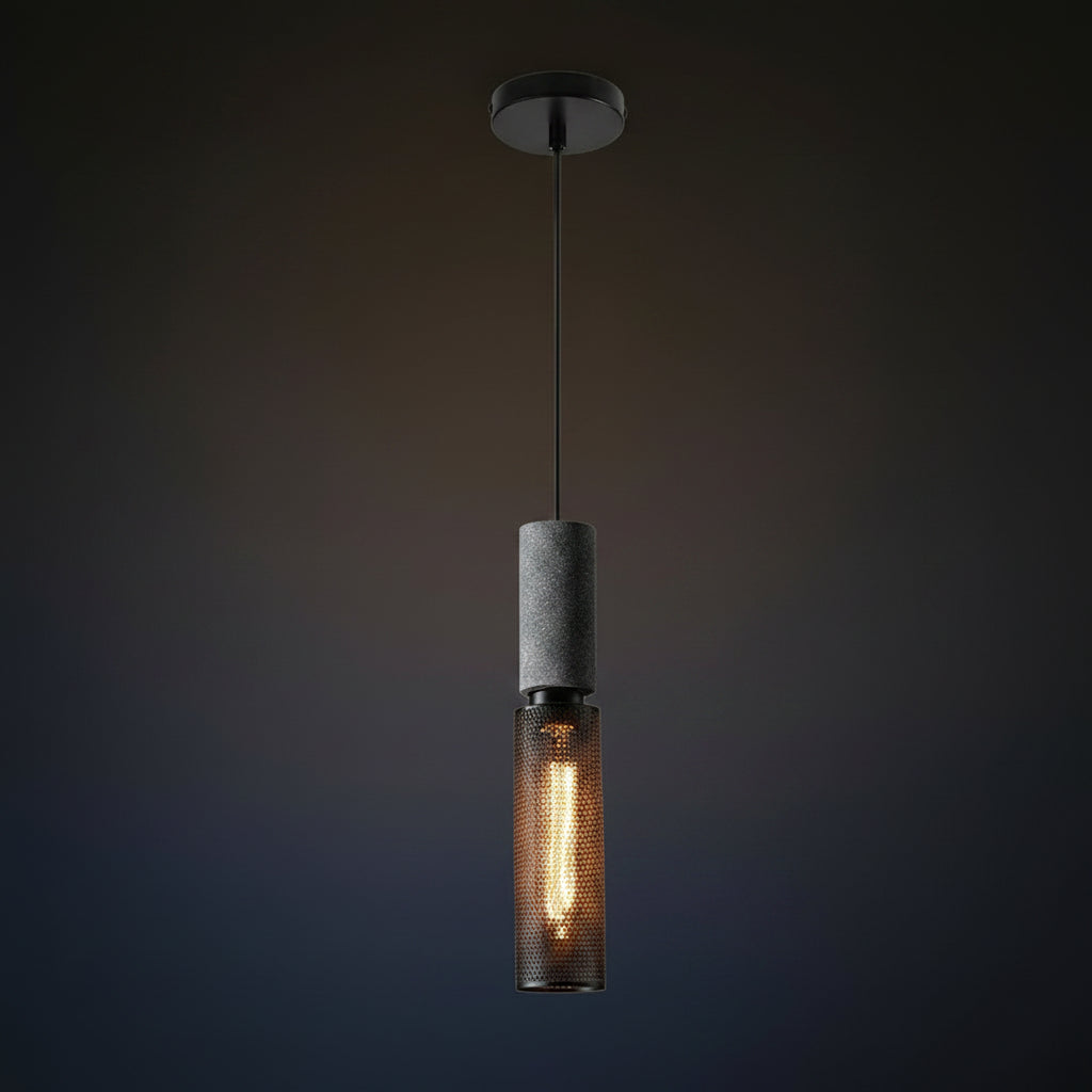 Tubular cage pendant light with dark speckled cylinder housing and warm glowing filament bulb