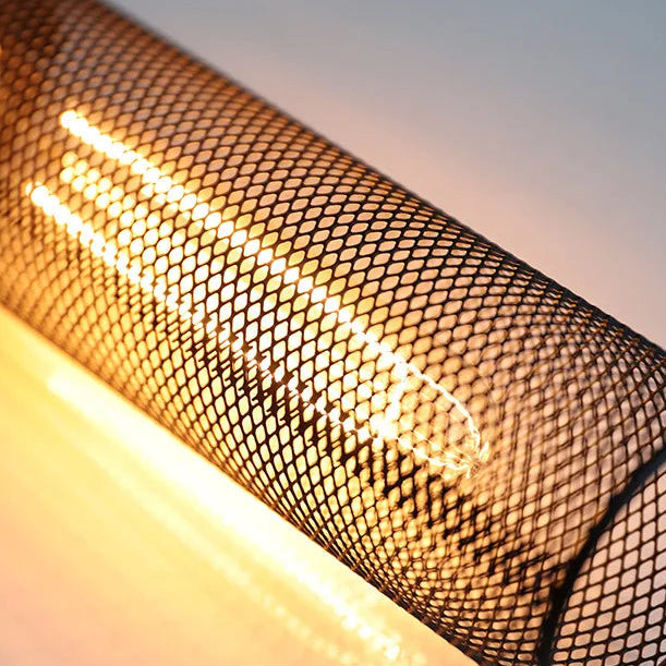 Tubular metal cage around warm glowing filament bulb, with fine mesh grid detail