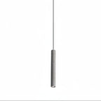 Speckled gray tubular pendant light with suspended metal tube and visible cord