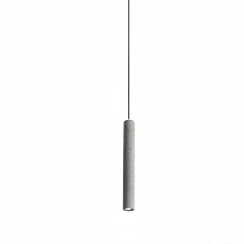 Speckled gray tubular pendant light with suspended metal tube and visible cord