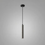 Tubular pendant light with black ceiling canopy, long cord, and speckled gray tube