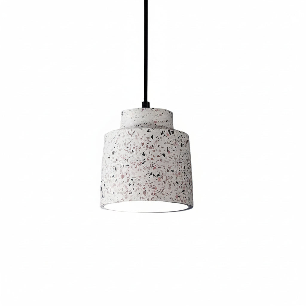 Stepped drum pendant light with speckled white shade and black cord, hanging