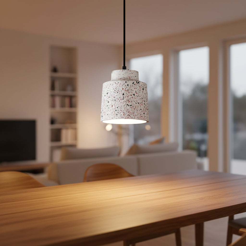 Stepped drum pendant light with speckled white drum shade and black cord