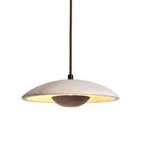 Travertine dome pendant light with wooden core and warm inner shade, full dome view