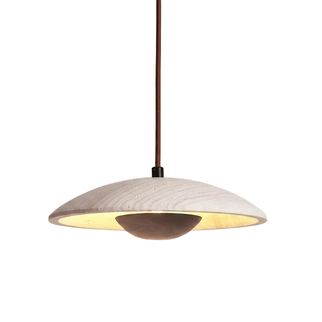 Travertine dome pendant light with wooden core and warm inner shade, full dome view
