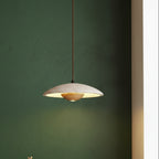 Travertine dome pendant light with wooden core, long cord, warm light from dome