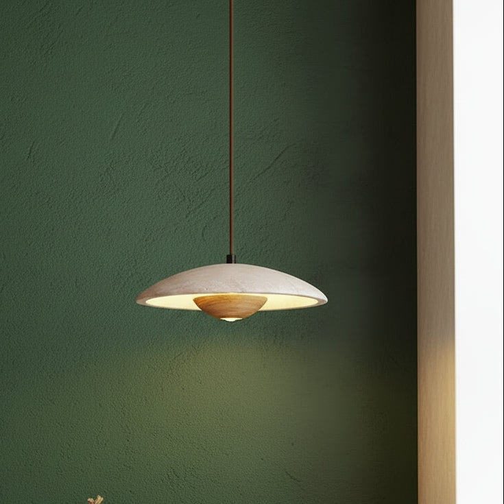 Travertine dome pendant light with wooden core, long cord, warm light from dome