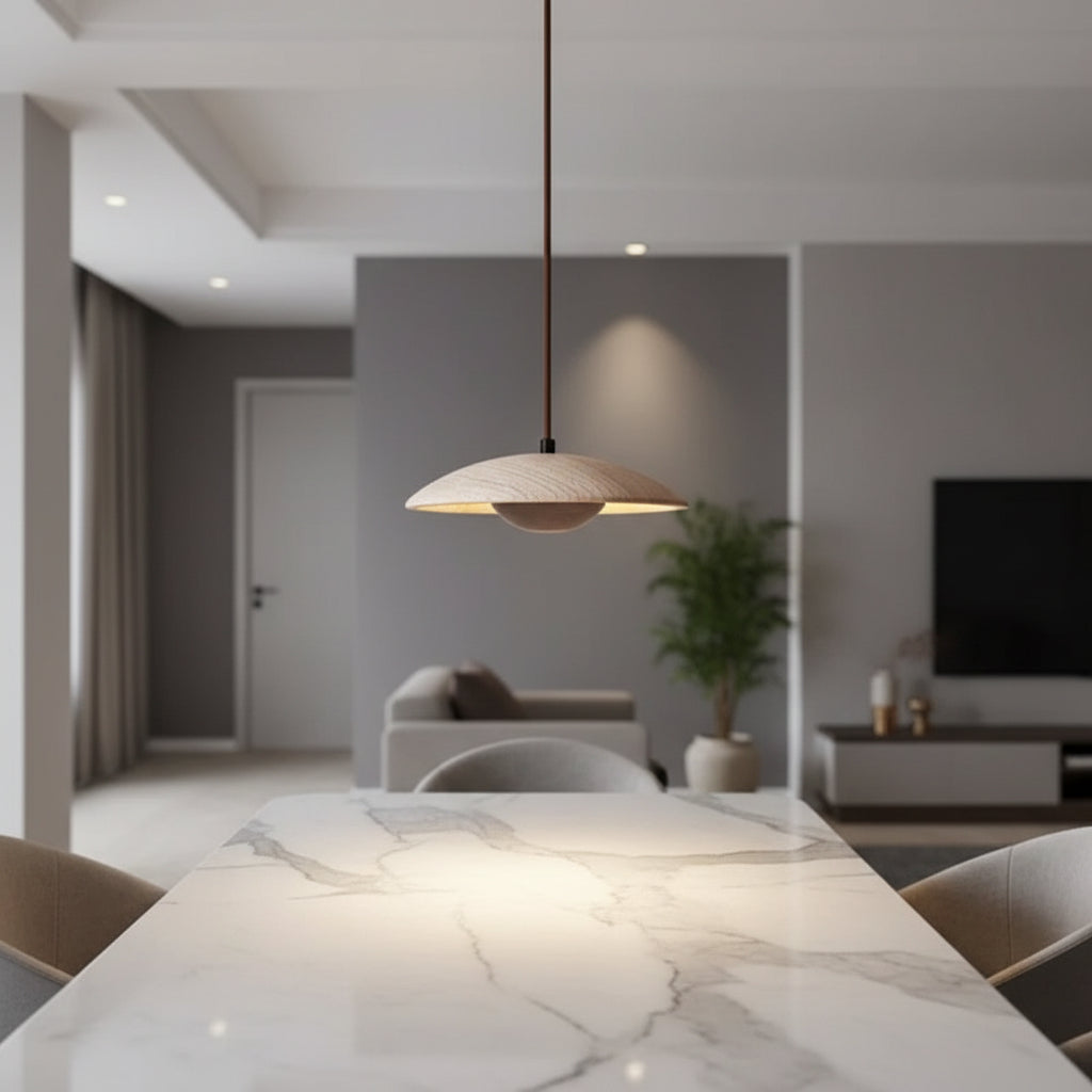 Round Scandinavian pendant light with travertine dome and wooden core, hanging above table