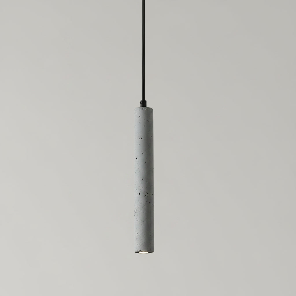 White speckled cylindrical pendant light with black cord and small downlight.