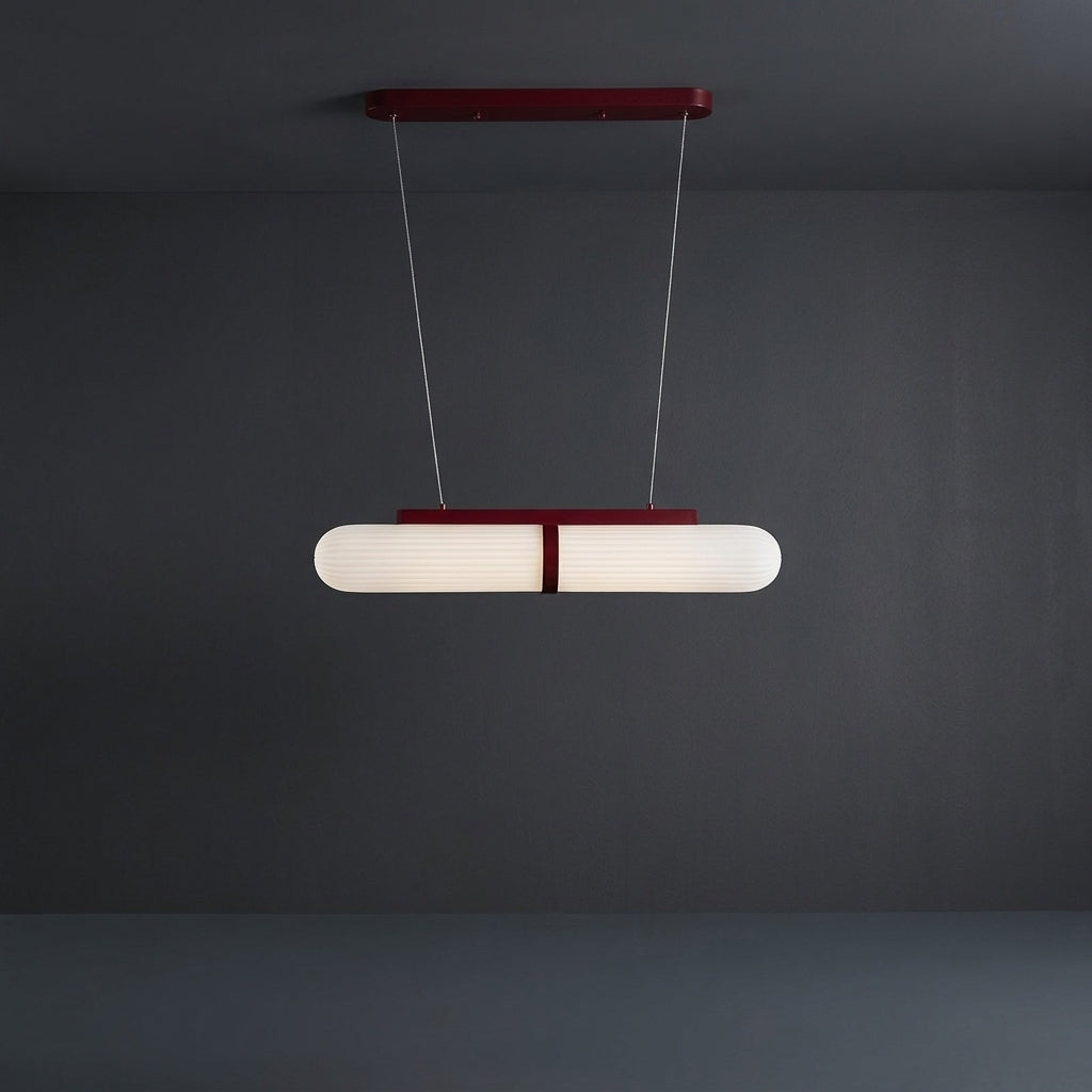 Izor linear fluted chandelier with ribbed white glass shades and red bar canopy